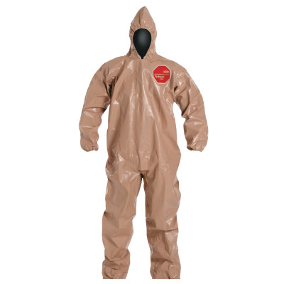DuPont Tychem 5000 Coverall. Standard Fit Hood. Elastic Wrists. Attached Socks. Storm Flap with Adhesive Closure. Taped Seams. Semi-auto locking slider zipper pull. Tan.(CASE/6)