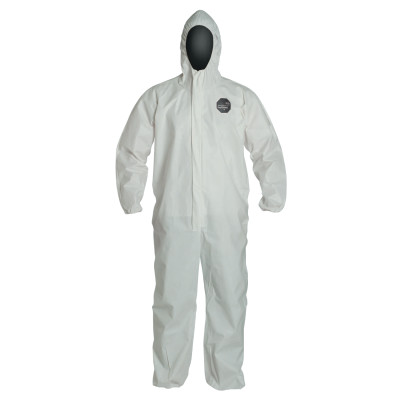 DuPont ProShield 60 Coverall. Respirator Fit Hood. Elastic Wrists and Ankles. Storm Flap. Serged Seams. Pin Lock Slider Zipper Pull. White.
