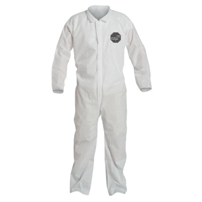 DuPont ProShield 10 Coverall. Collar. Open Wrists and Ankles. Elastic Waist. Serged Seams. Pin Lock Slider Zipper Pull. White.