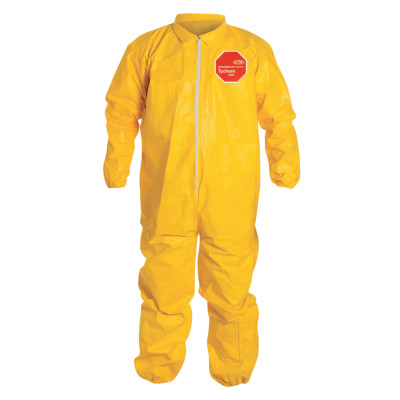DuPont Tychem 2000 Coverall. Collar. Stormflap. Elastic Wrists and Ankles. Serged Seams. Pin Lock Slider Zipper Pull. Yellow
