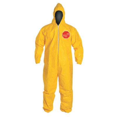 DuPont Tychem 2000 Coverall. Standard Fit Hood. Stormflap. Elastic Wrists and Ankles. Serged Seams. Pin Lock Slider Zipper Pull. Yellow.