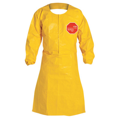 DuPont Tychem 2000 Sleeved Apron. Elastic Wrists. 44" Long. Neck Loop w/ Snaps & Waist Ties. Bound Seams. Yellow