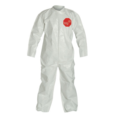 DuPont Tychem 4000 Coverall. Collar. Open Wrists and Ankles. Storm Flap with Adhesive Closure. Bound Seams. Pin Lock Slider Zipper Pull. White.