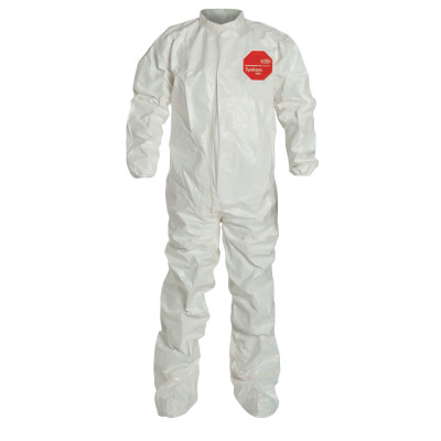 DuPont Tychem 4000 Coverall. Collar. Elastic Wrists. Attached Socks. Storm Flap with Adhesive Closure. Taped Seams. Pin Lock Slider Zipper Pull. White.
