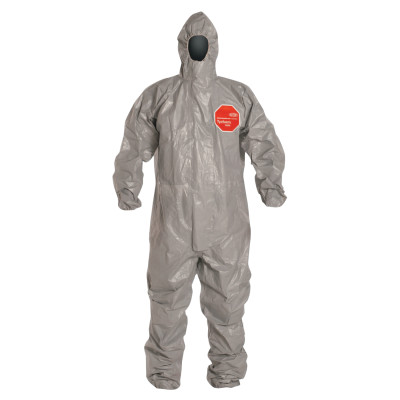 DuPont Tychem 6000 Coverall. Respirator Fit Hood. Elastic Wrists and Ankles. Double Storm Flap. Taped Seams. Semi-auto locking slider zipper pull. Gray.