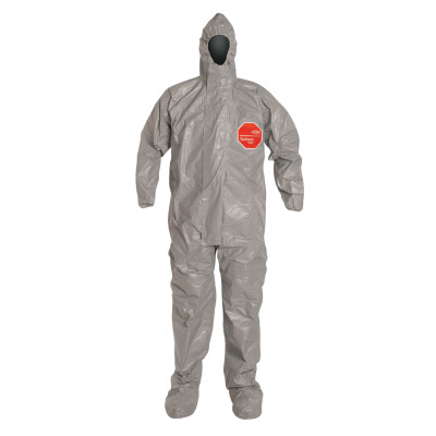 DuPont  Tychem 6000 Coverall. Respirator Fit Hood. Elastic Wrists. Attached Socks. Double Storm Flap. Taped Seams. Semi-auto locking slider zipper pull. Gray.