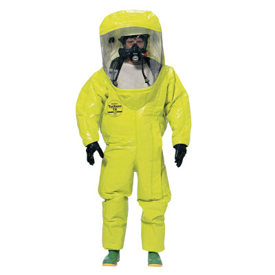 DuPont Tychem 10000 Encapsulated Level A Suit . TK555T, Rear Entry. Extra-Wide, Anti-Fog, Three-Layer Faceshield: 40 mil PVC / 5 mil Teflon™ / 20 mil PVC. Attached Dual Layer Gloves Internal: Multi-layer laminate / External: Butyl. Attached Socks