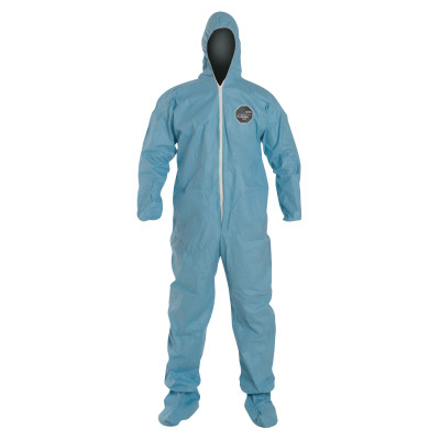 DuPont ProShield 6 SFR Coverall. Standard Fit Hood. Stormflap. Elastic Wrists. Attached Socks. Serged Seams. Pin Lock Slider Zipper Pull. Blue.