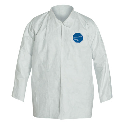 DuPont Tyvek 400 Shirt TY303S. Collar. Open Wrists. Extends to Hip. Front Snap Closure. Serged Seams. White. 50/cs