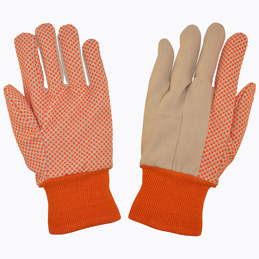 MEDIUM WEIGHT, COTTON CANVAS, HI-VIS ORANGE PVC DOTS, ORANGE KNIT WRIST