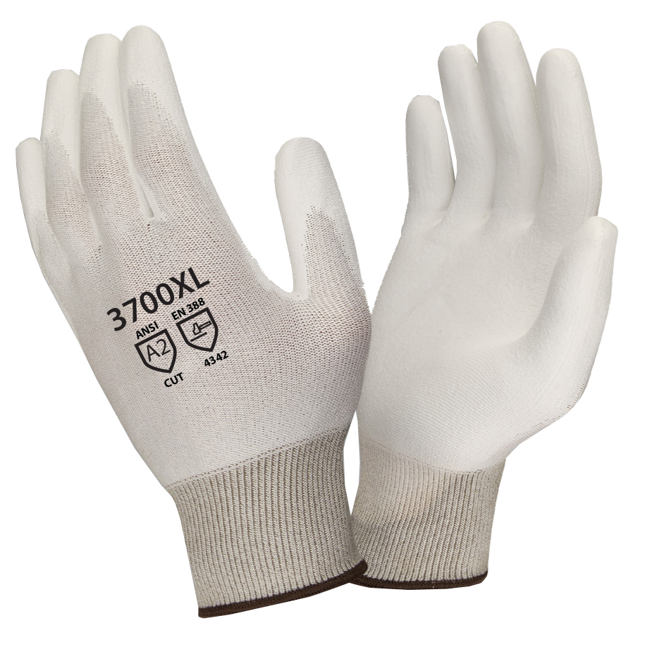 PREMIUM, WHITE 13-GAUGE HPPE SHELL, WHITE POLYURETHANE PALM COATING, ANSI CUT LEVEL 2