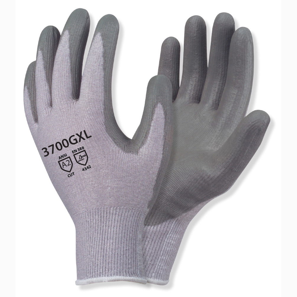PREMIUM, GRAY 13-GAUGE HPPE SHELL, GRAY POLYURETHANE PALM COATING, ANSI CUT LEVEL 2