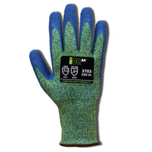 iON A4™, AQUA 13-GAUGE HPPE/GLASS SHELL, BLUE LATEX PALM COATING, ANSI CUT LEVEL 4