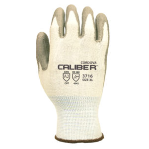 CALIBER™ WHITE 13-GAUGE HPPE SHELL, GRAY POLYURETHANE PALM COATING, ANSI CUT LEVEL 2