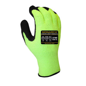 MONARCH SUB-ZERO™: 7-GAUGE, HI-VIS GREEN HIGH PERFORMANCE SHELL, BRUSHED INTERIOR, MICROFOAM LATEX PALM COATING, ANSI CUT LEVEL A3