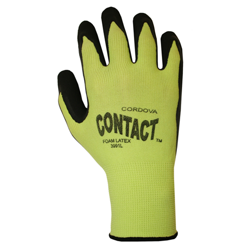 CONTACT™, 13-GAUGE, HI-VIS GREEN NYLON SHELL, BLACK FOAM LATEX PALM COATING