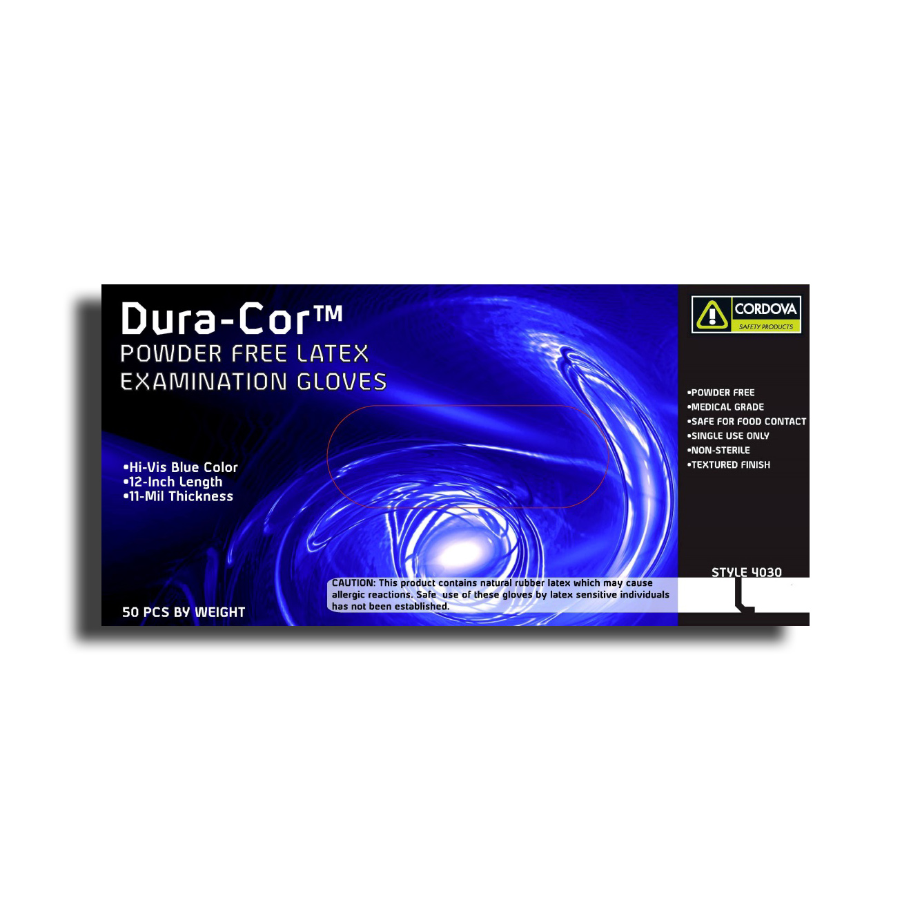 DURA-COR™ 11-MIL, HI-VIS BLUE LATEX, EXAM GRADE, POWDER FREE, 12-INCH, TEXTURED, 10 BOXES OF 50