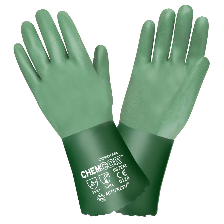 CHEM-COR™ GREEN DOUBLE DIPPED NEOPRENE, SANDPAPER GRIP, INTERLOCK LINED, 14-INCH