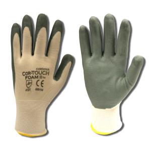 COR-TOUCH FOAM II™ 13-GAUGE, WHITE NYLON SHELL, GRAY FOAM NITRILE PALM COATING