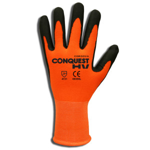 CONQUEST HV™, PREMIUM, HI-VIS ORANGE NYLON/SPANDEX SHELL, BLACK FOAM NITRILE/PU PALM COATING