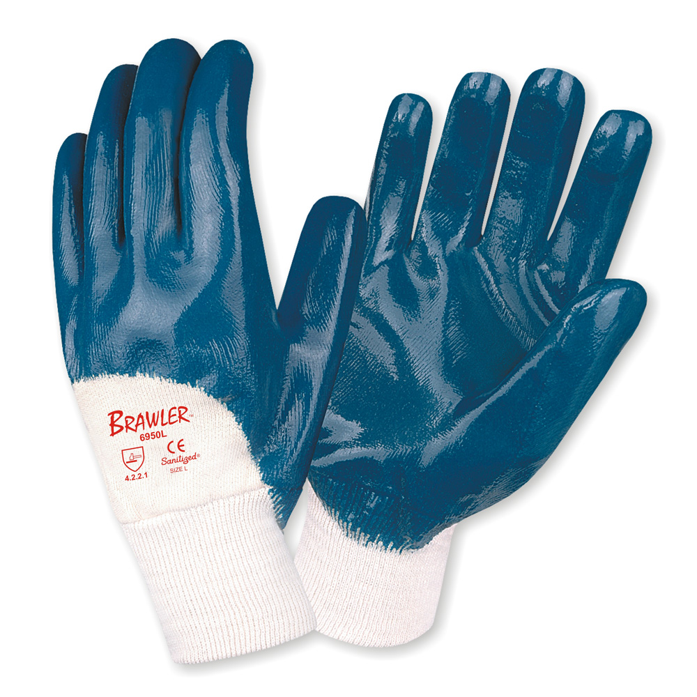 BRAWLER™ PREMIUM DIPPED NITRILE, PALM COATED, JERSEY LINED, KNIT WRIST, SANITIZED®