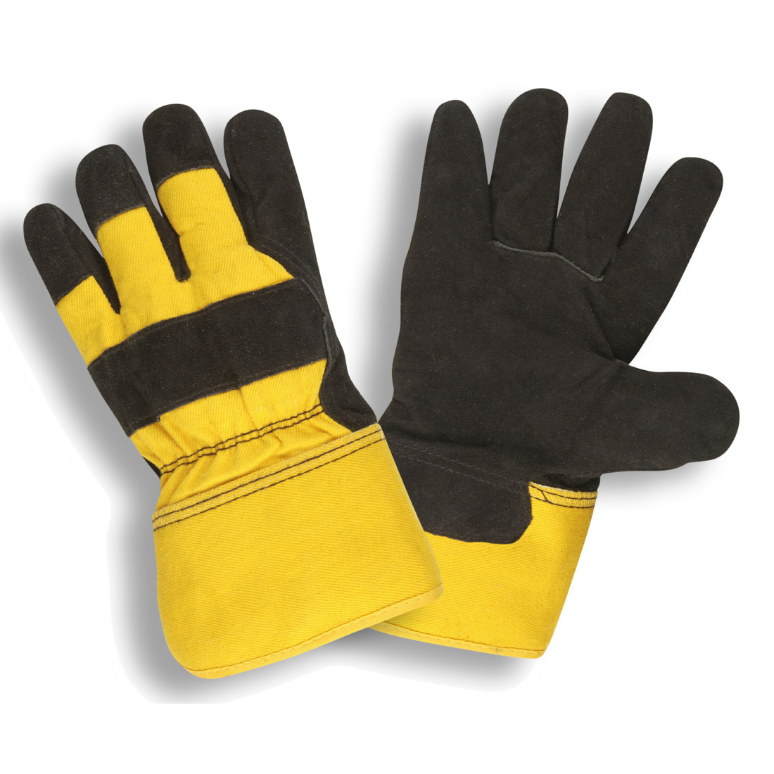 BLACK SPLIT LEATHER PALM, YELLOW CANVAS BACK, RUBBERIZED SAFETY CUFF, PILE LINED
