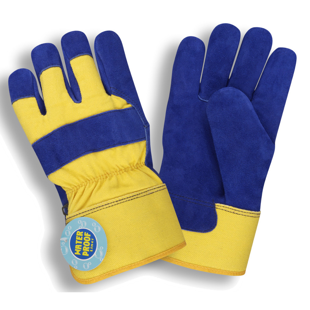BLUE SPLIT LEATHER PALM, YELLOW CANVAS BACK, CONVERTIBLE KNIT WRIST/RUBBERIZED SAFETY CUFF, THINSULATE® & WATERPROOF LINING