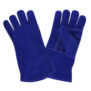 PREMIUM SIDE SPLIT LEATHER WELDER, REINFORCED PALM, THUMB GUARD, ARAMID SEWN, FULL SOCK LINING WITH FOAM, BLUE