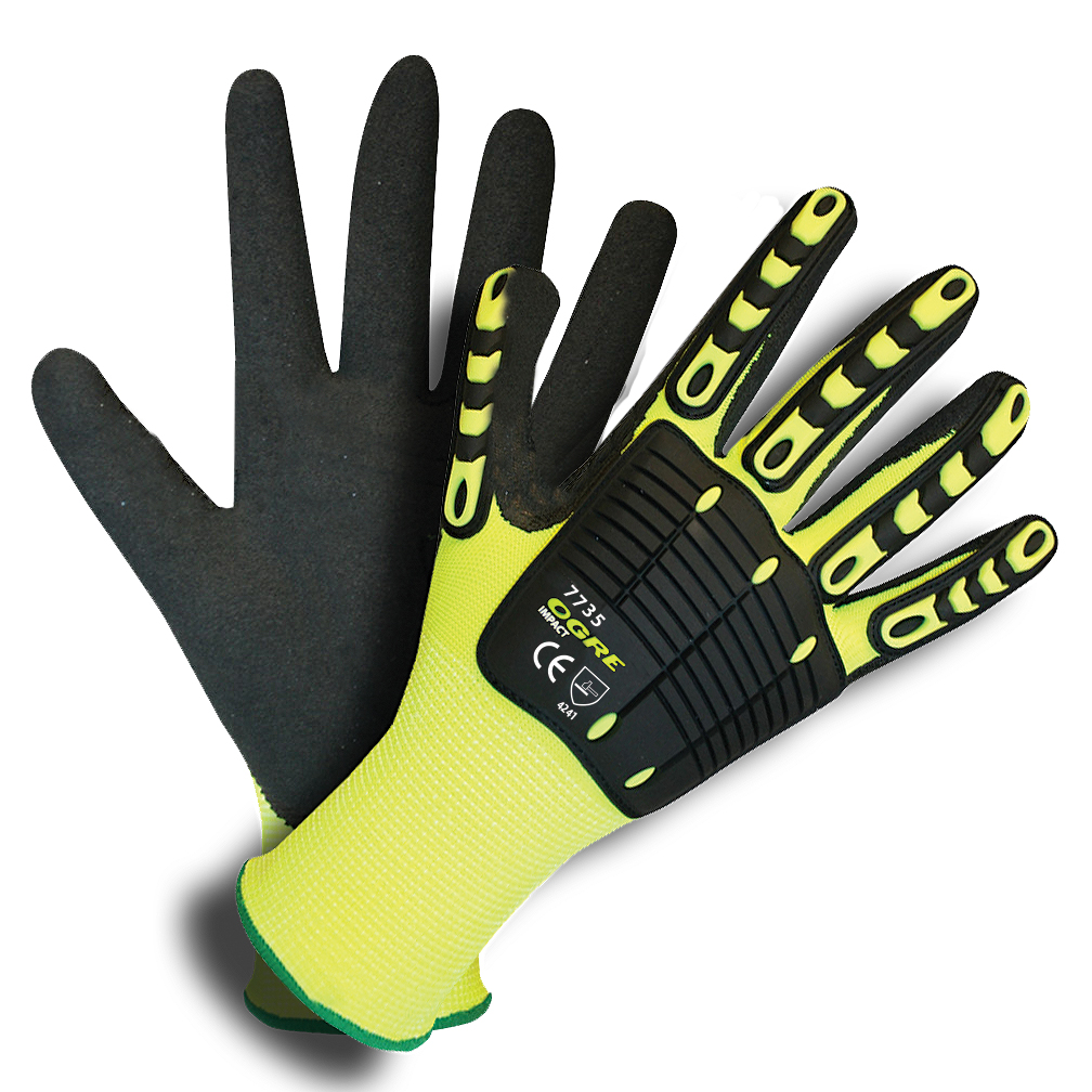 OGRE-IMPACT™  13-GAUGE, HI-VIS LIME POLYESTER SHELL, TPR PROTECTORS, INTERIOR FOAM PALM PADDING, BLACK SANDY NITRILE PALM COATING