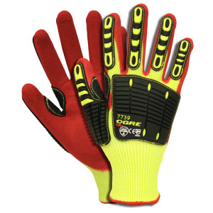OGRE-CR+™ 13-GAUGE, HI-VIS YELLOW HPPE/GLASS SHELL, TPR PROTECTORS, INTERIOR FOAM PALM PADDING, RED SANDY NITRILE PALM COATING, ANSI CUT LEVEL 4-M