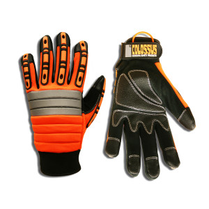 COLOSSUS™ ORANGE SPANDEX BACK, FOAM METACARPAL PADDING, TPR PROTECTORS, BLACK SYNTHETIC LEATHER PALM, PVC PALM REINFORCEMENTS, HOOK & LOOP CLOSURE