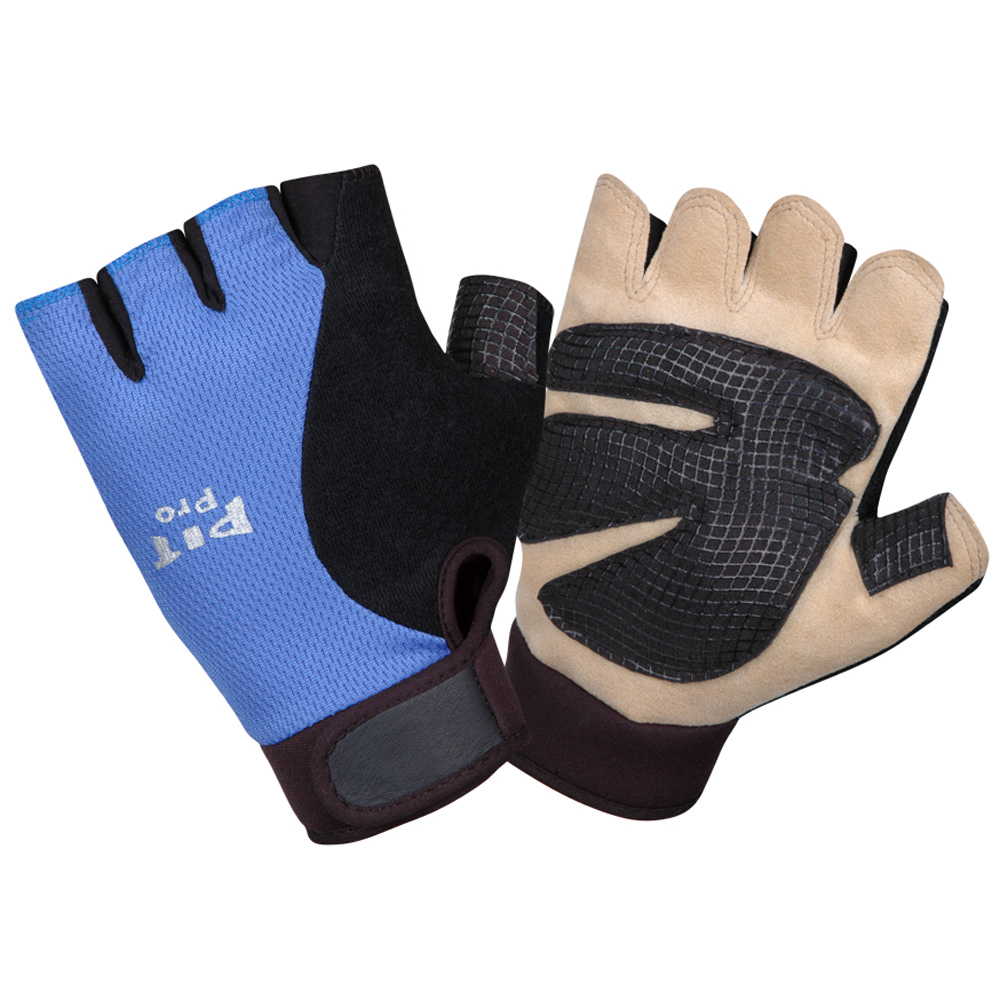 PIT PRO™ ACTIVITY GLOVE, TAN SYNTHETIC LEATHER PALM, GEL FOAM PADDING, BLUE/BLACK SPANDEX BACK, HALF FINGERS, HOOK & LOOP CLOSURE, LARGE
