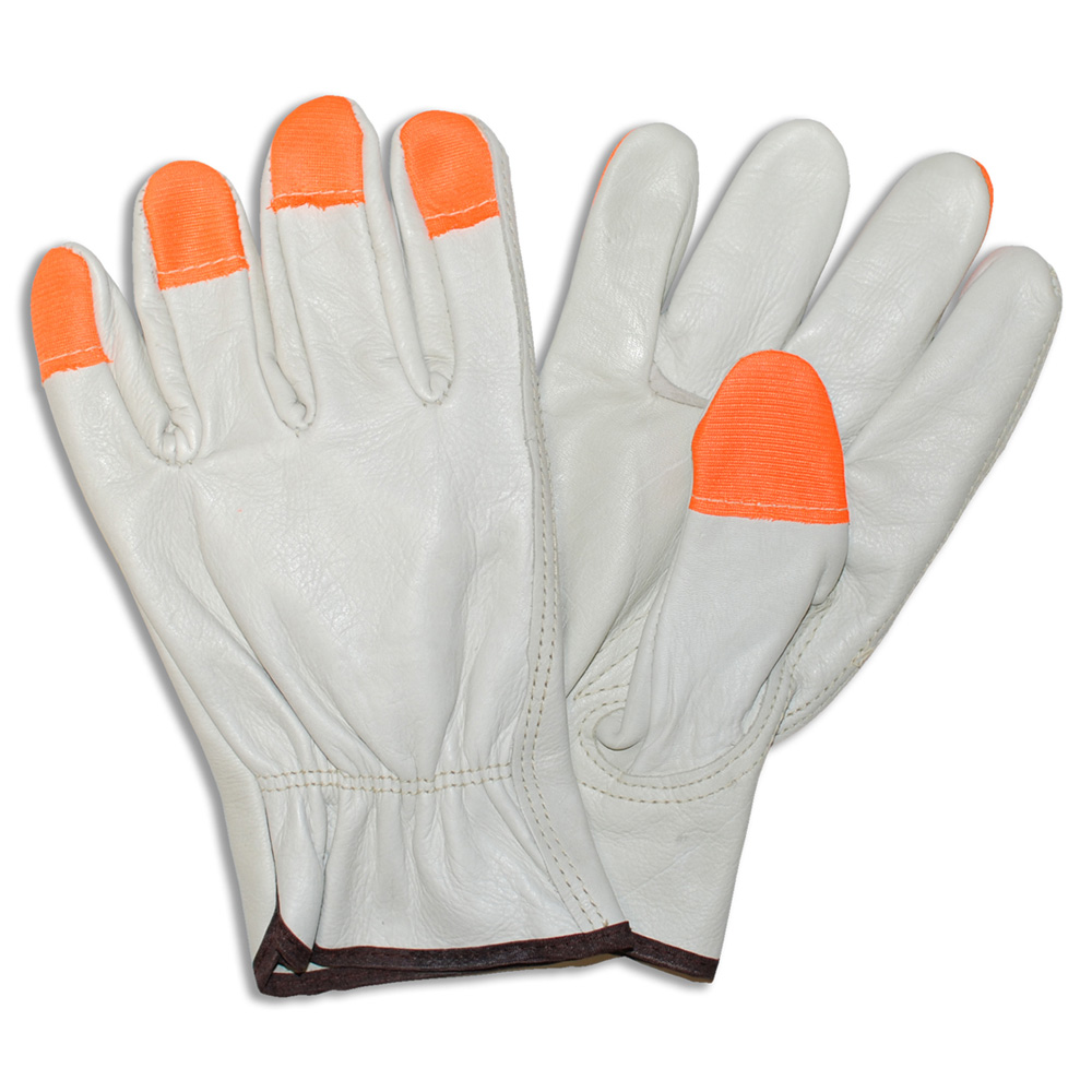 STANDARD GRAIN COWHIDE DRIVER, UNLINED, SHIRRED ELASTIC BACK, ORANGE SEWN FINGER TIPS, KEYSTONE THUMB