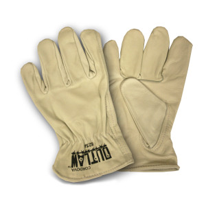 OUTLAW™ PREMIUM GRAIN COWHIDE DRIVER, UNLINED, SHIRRED ELASTIC BACK, KEYSTONE THUMB, LEATHER SELF-HEM