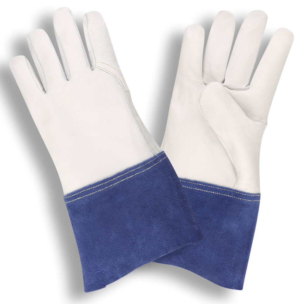PREMIUM GRAIN GOATSKIN MIG-TIG, 4-INCH BLUE SPLIT COWHIDE GAUNTLET CUFF, ARAMID SEWN