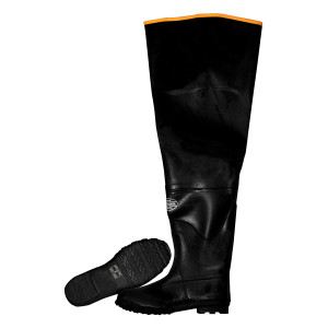 BLACK HIP BOOT WITH ADJUSTABLE STRAPS, PLAIN TOE, COTTON LINED, 32-INCH LENGTH, SIZE 8