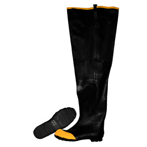 BLACK HIP BOOT WITH ADJUSTABLE STRAPS, STEEL TOE & SHANK, COTTON LINED, 36-INCH LENGTH, SIZE 6