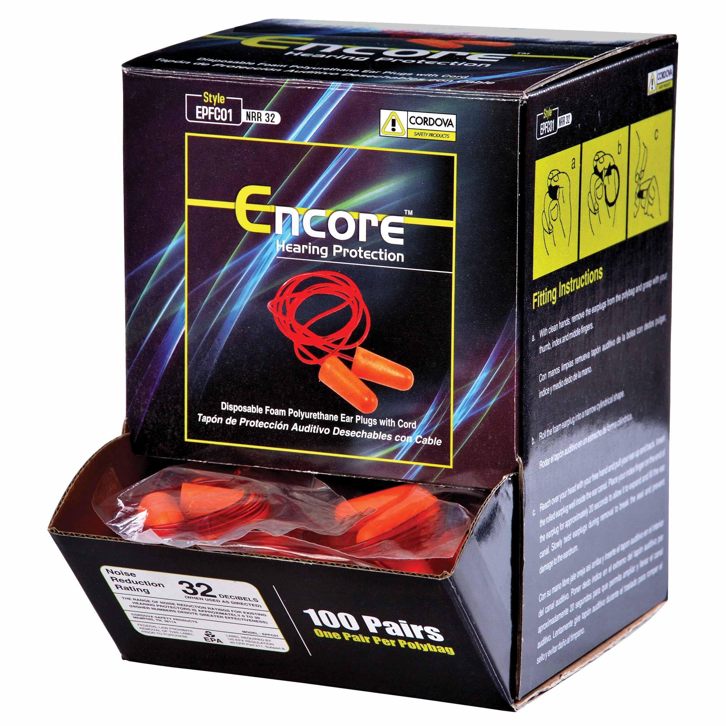 ENCORE™ ORANGE FOAM PU EAR PLUGS, CORDED, NRR 32 DB, 100 PR/BOX