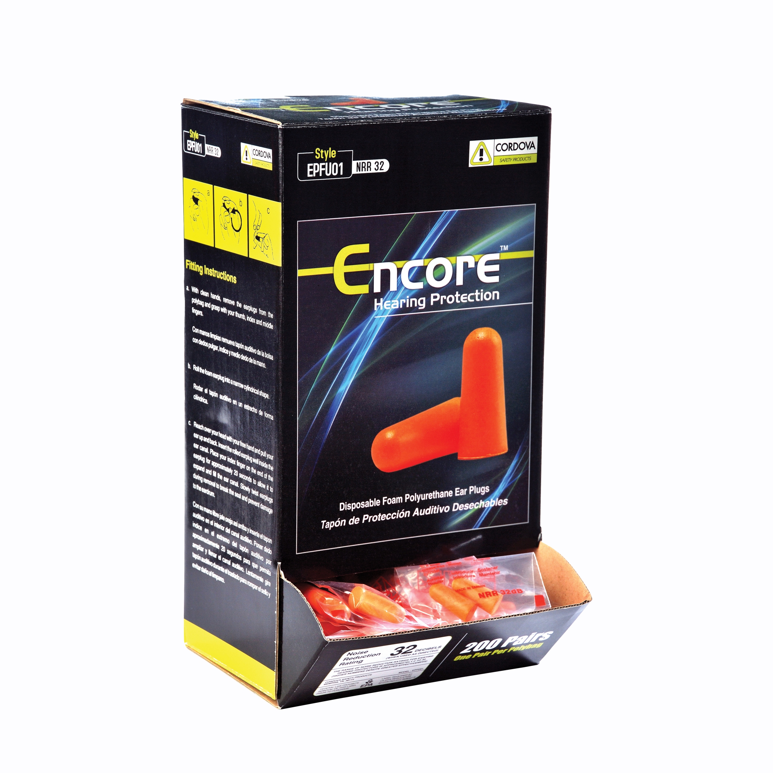 ENCORE™ ORANGE FOAM PU EAR PLUGS, UNCORDED, NRR 32 DB, 200 PR/BOX