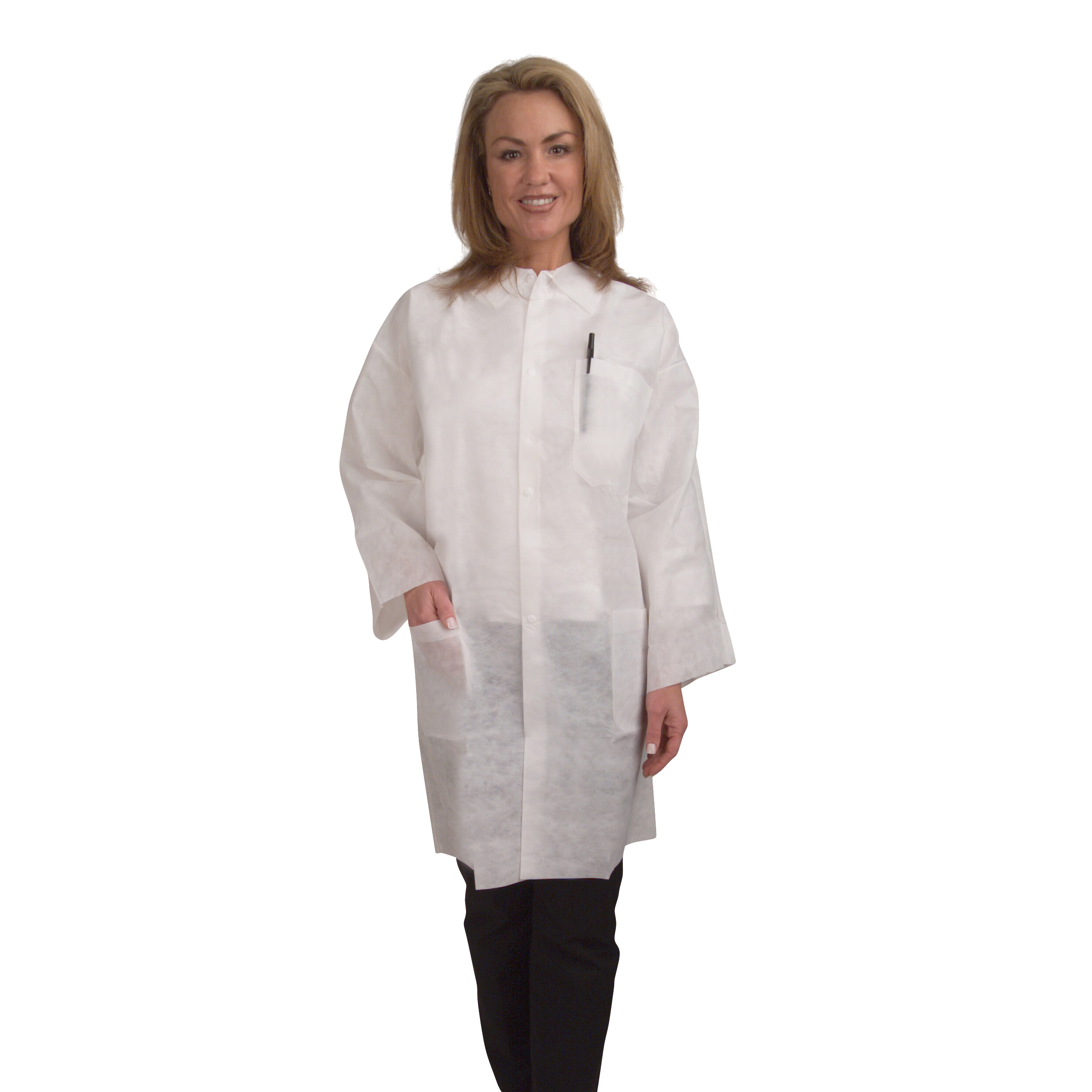 HEAVY WEIGHT, WHITE POLYPROPYLENE LAB COAT, COLLAR & SNAP BUTTON FRONT, 2 WAIST POCKETS, ELASTIC AT WRISTS