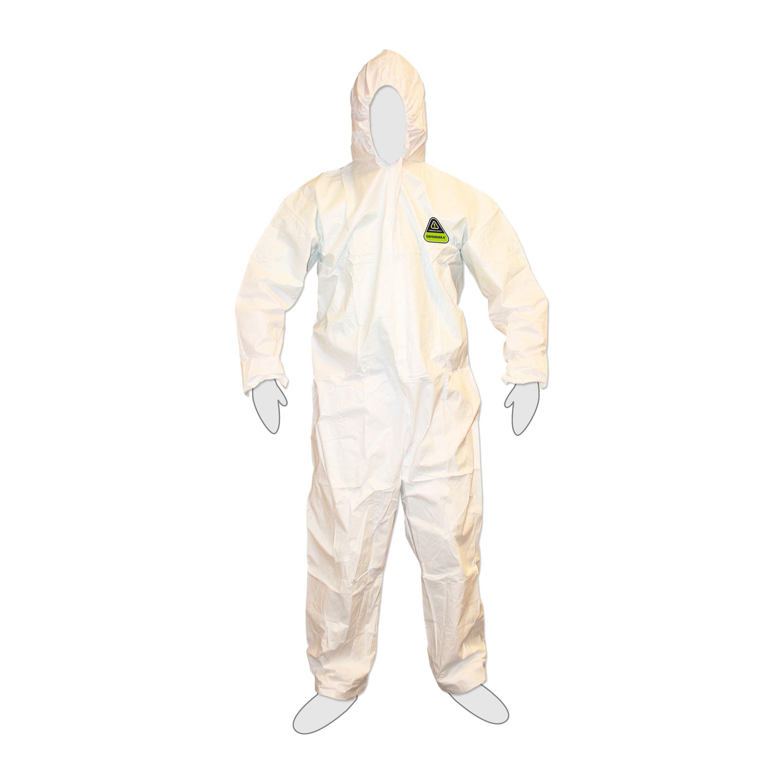 DEFENDER 2™  WHITE MICROPOROUS COVERALL WITH HOOD, ZIPPER FRONT WITH FLAP, ELASTIC WAIST, WRIST, ANKLES & HOOD