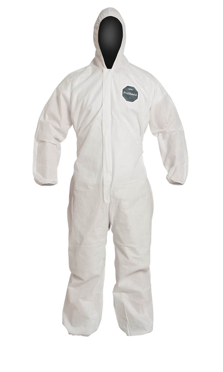 DuPont ProShield 10 Coverall. Standard Fit Hood. Elastic Wrists and Ankles. Elastic Waist. Serged Seams.Pin Lock Slider Zipper Pull. White.