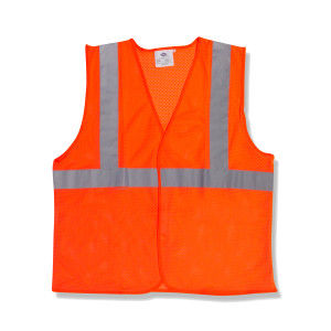 CLASS 2, ORANGE MESH VEST, HOOK & LOOP CLOSURE, 2-INCH SILVER REFLECTIVE TAPE