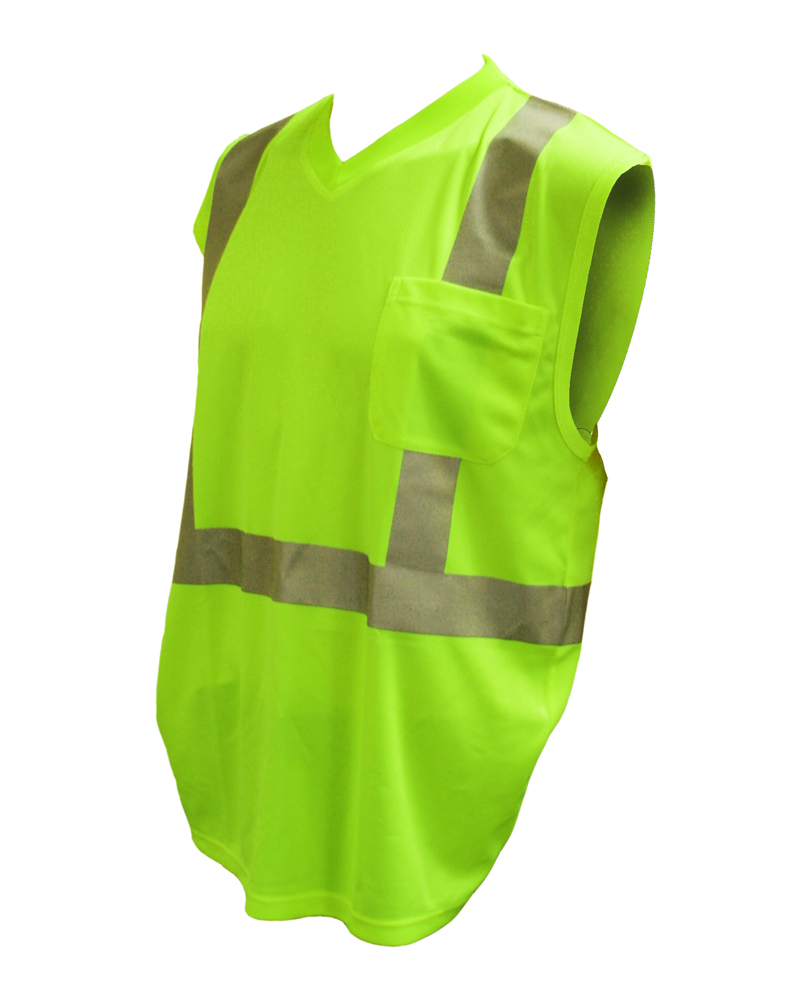COR-BRITE™ CLASS 2, LIME BIRDSEYE MESH T-SHIRT, SLEEVELESS, CHEST POCKET, 2-INCH SILVER REFLECTIVE TAPE