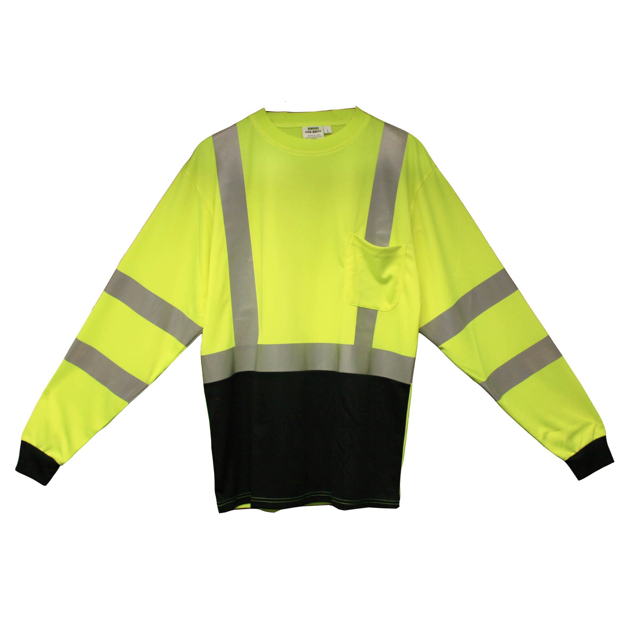 COR-BRITE™ CLASS 3, LIME BIRDSEYE MESH T-SHIRT, LONG SLEEVES, CHEST POCKET, 2-INCH SILVER REFLECTIVE TAPE, BLACK FRONT PANEL