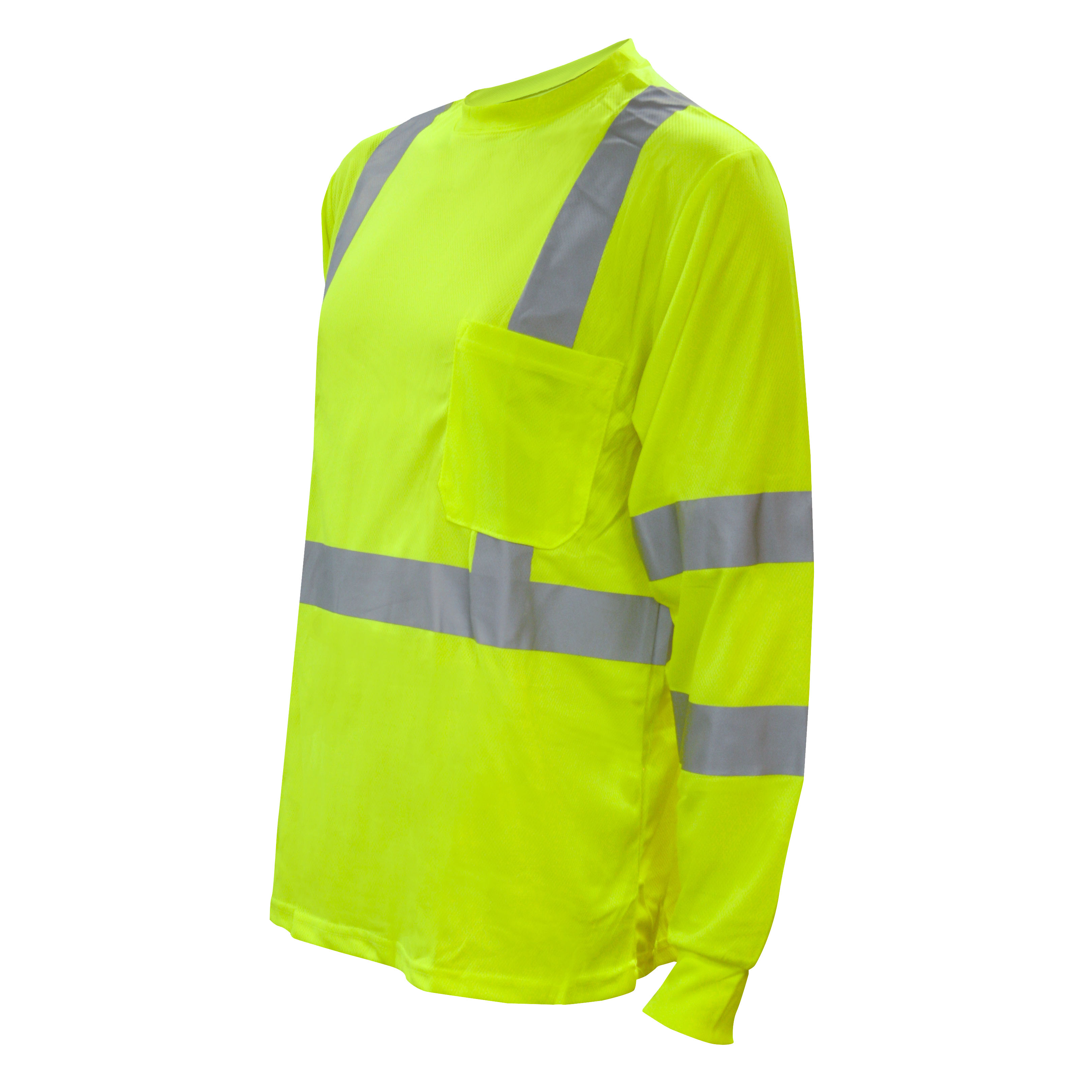 COR-BRITE™ CLASS 3, LIME BIRDSEYE MESH T-SHIRT, LONG SLEEVES, CHEST POCKET, 2-INCH SILVER REFLECTIVE TAPE