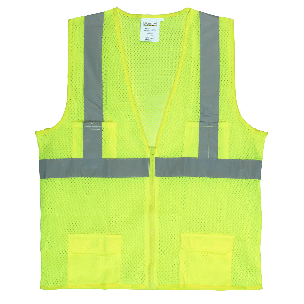 CLASS 2, LIME MESH SURVEYORS VEST, ZIPPER CLOSURE, 2-INCH SILVER REFLECTIVE STRIPES, CHEST POCKET, TWO OUTSIDE LOWER AND TWO INSIDE LOWER POCKETS