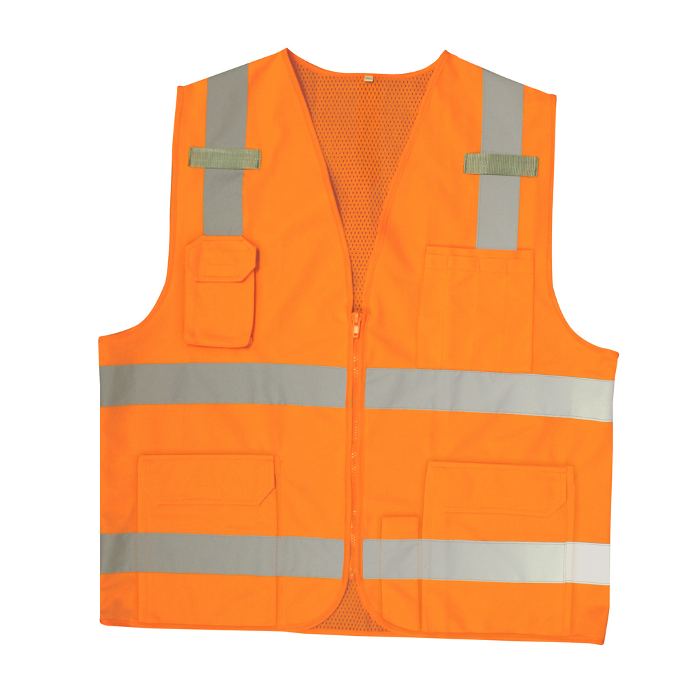 CLASS 2, ORANGE SURVEYORS VEST, SOLID FRONT AND MESH BACK, 2-INCH SILVER REFLECTIVE STRIPES, ZIPPER CLOSURE, MULTIPLE POCKETS FOR PAD/PEN, RADIO/PHONE, FLASHLIGHT, DUAL MIC TABS