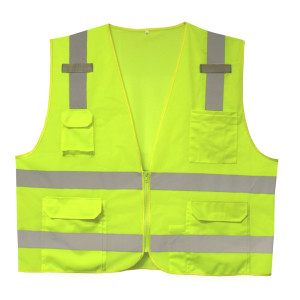 CLASS 2, LIME SURVEYORS VEST, SOLID FRONT AND MESH BACK, 2-INCH SILVER REFLECTIVE STRIPES, ZIPPER CLOSURE, MULTIPLE POCKETS FOR PAD/PEN, RADIO/PHONE, FLASHLIGHT, DUAL MIC TABS