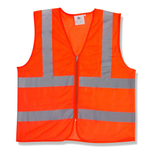 CLASS 2, ORANGE MESH VEST, ZIPPER CLOSURE, INSIDE POCKET, TWO HORIZONTAL 2-INCH SILVER REFLECTIVE STRIPES